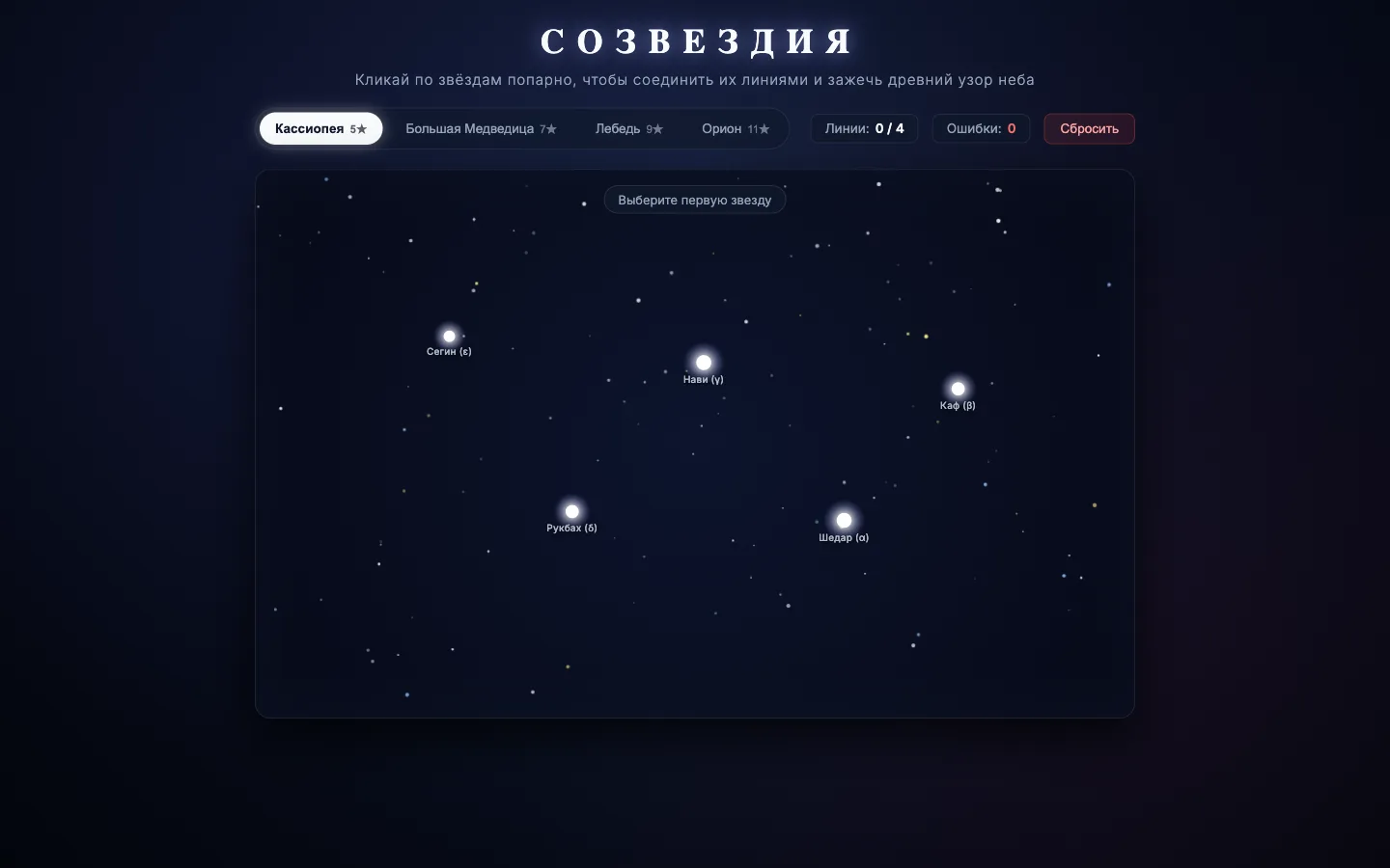 Игра «СОЗВЕЗДИЯ»: пять звёзд Кассиопеи с греческими буквами на тёмно-синем небе, счётчики линий и ошибок