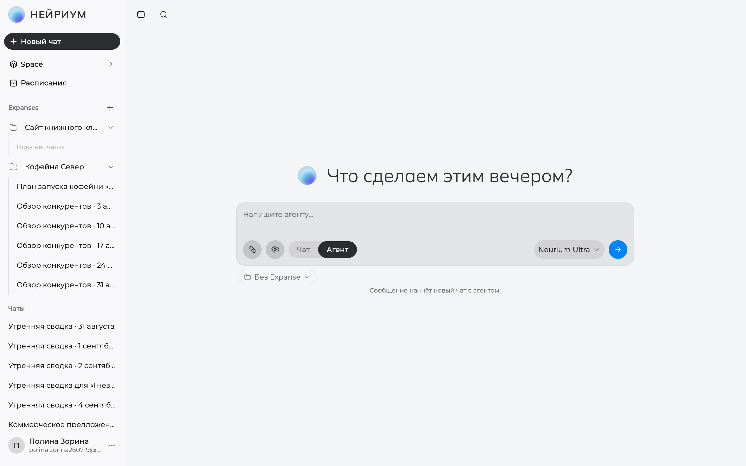 Раздел Expanses в боковой панели: сворачиваемые группы проектов со своими чатами