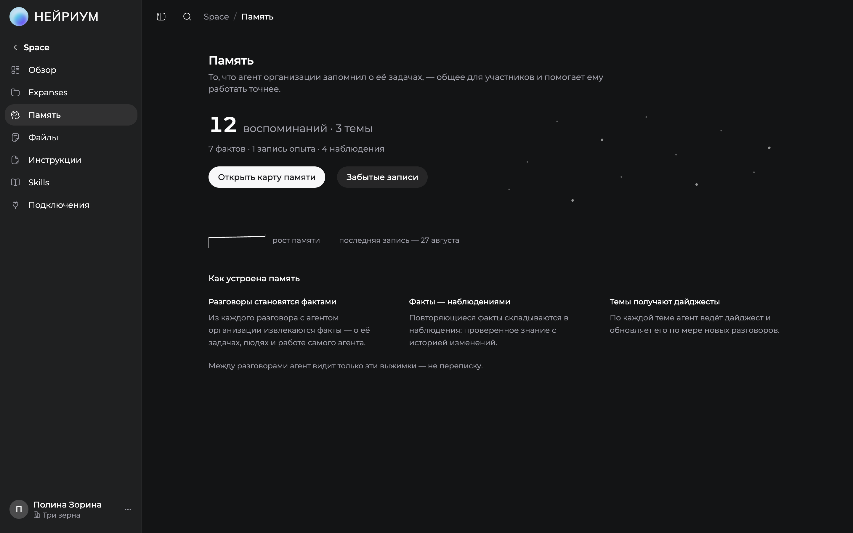 Раздел «Память» в Space в контексте организации